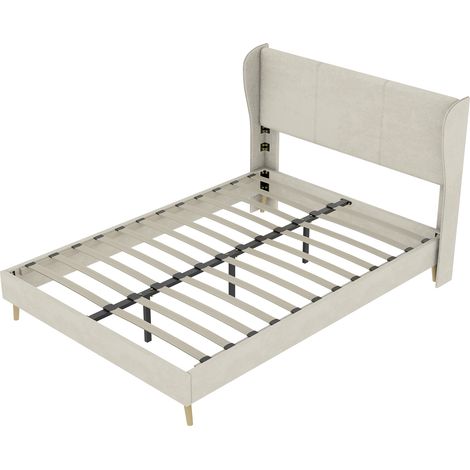 Lit rembourré moderne minimaliste avec tête de lit moelleuse, 140x200 cm, beige, meuble de chambre multifonctionnel, base basse sans rangement (sans vérin à gaz), matelas non inclus. (1/5)