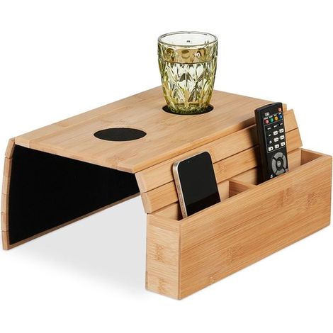 Bandeja reposabrazos con 2 compartimentos, 50,5 x 32 cm, mesa de centro con posavasos, natural (1/5)