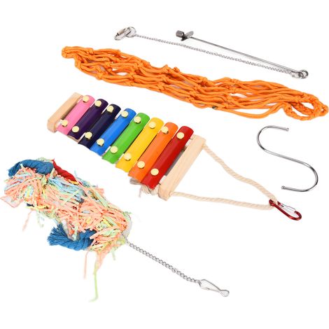 Lot de 4 jouets pour poules, xylophone, filet, sac de suspension, balançoire, jouets pour poules, canards, aras et perroquets (1/5)