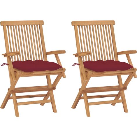 Chaises de jardin coussins rouge bordeaux lot de 2 Teck massif