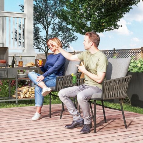 Salon de jardin bistro en rotin 3 pcs gris : 2 fauteuils avec coussins déhoussables + table Ø40 cm, structure acier (1/5)