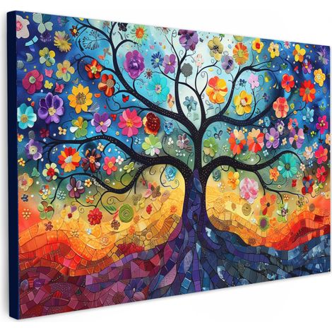 TABLEAU SUR TOILE Art - Arbre de vie - Fleurs - Hippie Décoration Chambre 30x20 cm