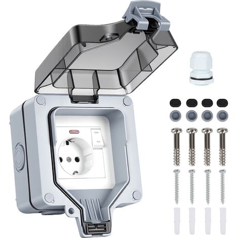TolleTour Presa elettrica impermeabile da esterno IP65 con interruttore, scatola da parete a vista, 16A 250V, presa per giardino, balcone, garage e bagno (1/5)