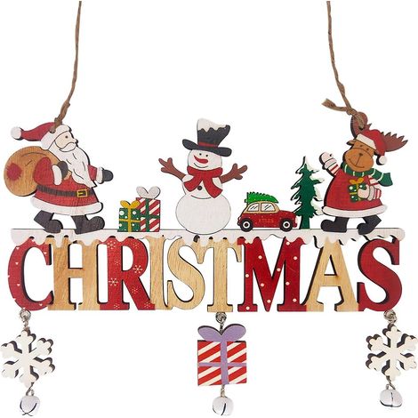 Décorations de Noël en bois AURA, Panneau suspendu en bois Joyeux Noël, Panneau suspendu de porte, avec cloches, Décor de Noël intérieur extérieur (1/5)