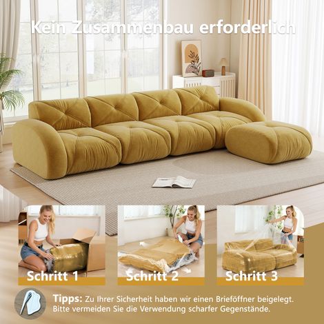 Canapé d'angle modulaire 4 places, fauteuil en L pour salon, base antidérapante, repose-pieds inclus, sans montage, jaune. (1/5)