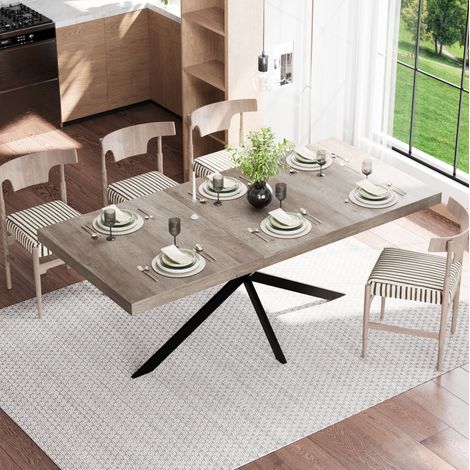 Mesa de comedor extensible 140-180x80x76 cm gris en MDF y metal con almacenaje oculto y base en X (1/5)