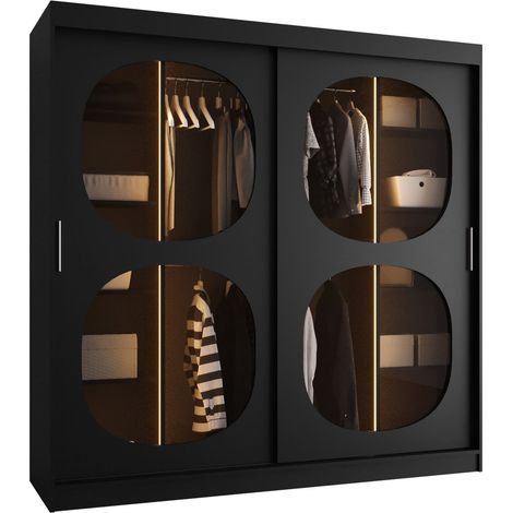 Armoire Hartford 531, Noir, 200x200x62cm, Portes d'armoire: Coulissantes, Nombre d'étagères: 5, LED: Disponible