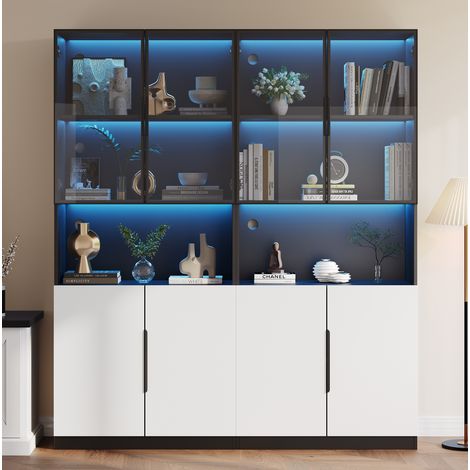 Vitrine moderne en panneaux mélaminés avec portes en verre et éclairage LED réglable 160x30x200cm blanc et noir (1/5)