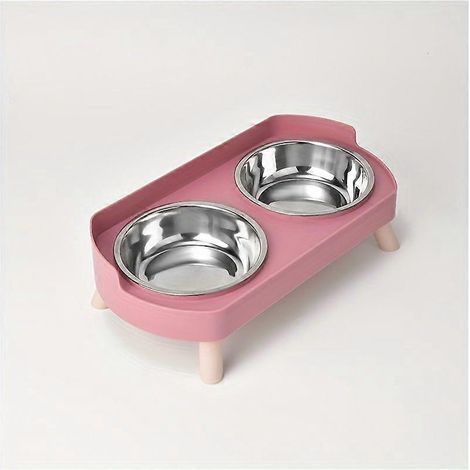Distributeur 2 en 1 pour eau et nourriture pour chat, double gamelle en acier inoxydable avec pieds en bois, base antidérapante, facile à nettoyer (1/5)