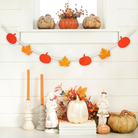 Guirlande D'automne - Guirlande En Perles De Bois Avec Citrouilles En Feutrine - Décoration Pour Cheminée, Mur Ou Porte - 127 cm - 1 Pièce (1/5)