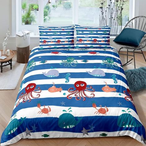 Bettwäsche-Set 200x200 cm mit 2 Kissenbezügen 80x80 cm, Mikrofaser, Ozean-Motiv