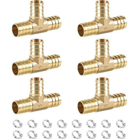 6 Pièces 19mm Raccord Cannelé pour Tuyau 3 Voies, Forme en T Connecteur en Laiton pour Tuyau avec 18 Pinces pour Accordement des Tuyaux d'Eau, de Carburant et d'Air (1/5)