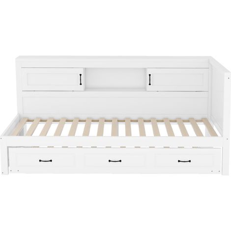 Cama nido 90x200 cm blanca con LED, almacenaje lateral, toma USB, sin colchón (1/5)