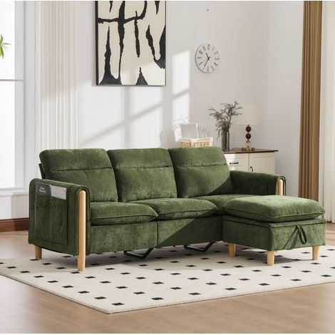 Sofá rinconera 3 plazas 201x77x86 cm verde con almacenaje, chenilla y bolsillos laterales MEUBLIV (1/5)