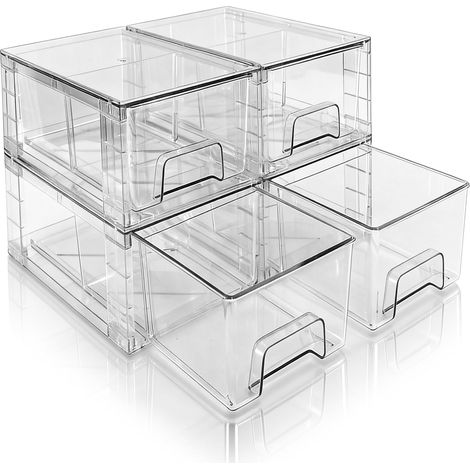 Lot de 4 Tiroirs de Rangement Empilables Transparent Petit Modèle, Organisateurs Acrylique avec Poignées, pour Réfrigérateur, Salle de Bain, Cuisine, Placard, Rangement Garde-Manger (1/5)