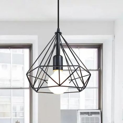 Lampe Suspension Industrielle en Diamant Cage Lustre Luminaire Abat-jour en Métal Style Vintage pour Salon Chambre (1/4)
