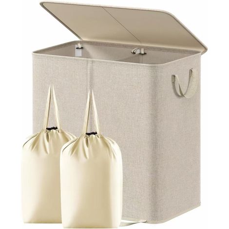 Panier À Linge Double - Couvercle Rabattable - Sac À Linge Amovible - 136 L - Pour Chambre À Coucher Salle De Bain Couloir - Beige (1/5)
