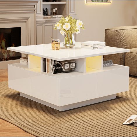Mesa de centro 70x70x40 cm blanca con LED y 4 cajones, tablero de partículas MEUBLIV (1/5)