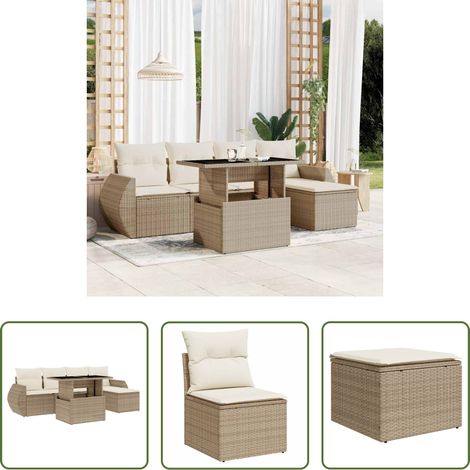 vidaXL Gartensessel - 6-tlg. Garten-Sofagarnitur mit Kissen Beige Poly Rattan (1/5)