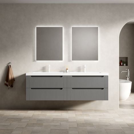 Bad-Waschtisch mit integrierten Unterbauspülen, Soft-Close-Schubladen, Resin, Dunkelgrau (1/5)