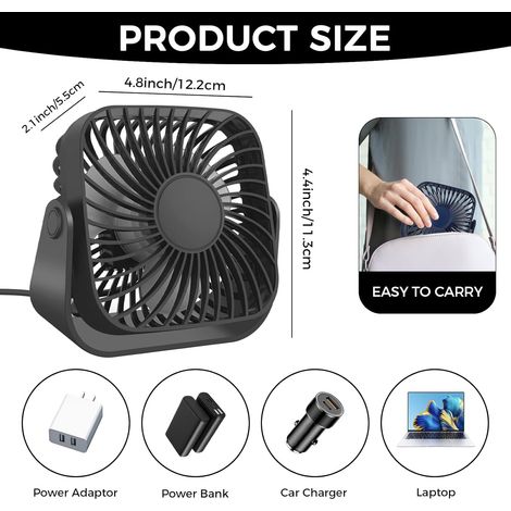Jsdoin Petit ventilateur USB de bureau personnel - 3 vitesses - Rotation à 360° - Vent fort - Petit et puissant - Pour bureau, maison, extérieur (1/4)