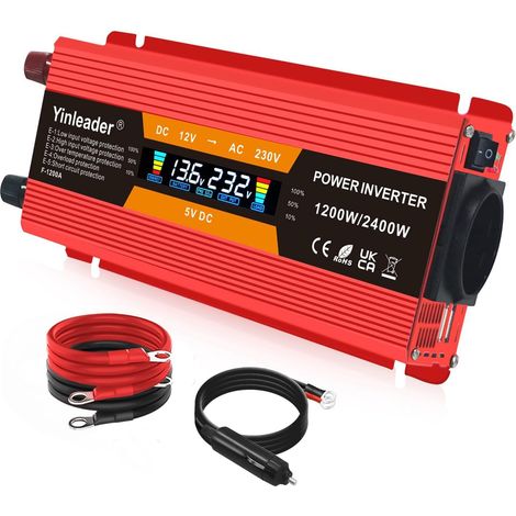 Convertisseur de tension 1200 W/2400 W 12 V 230 V Onduleur Dual USB Power Inverter avec 1 prise de courant et écran LCD pour voiture - Rouge (1/5)