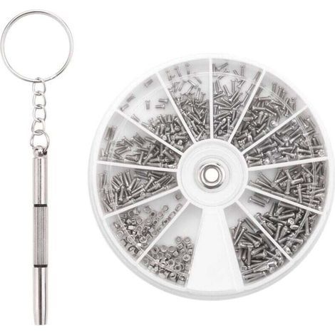 Set da 600 piccole viti in acciaio inox, 12 dadi elettronici assortiti + 1 cacciavite per la riparazione di occhiali. (1/4)