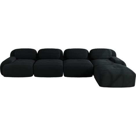Canapé d'angle modulable 4 places en mousse haute résilience 32D avec revêtement en velours côtelé noir et chaise longue (1/5)