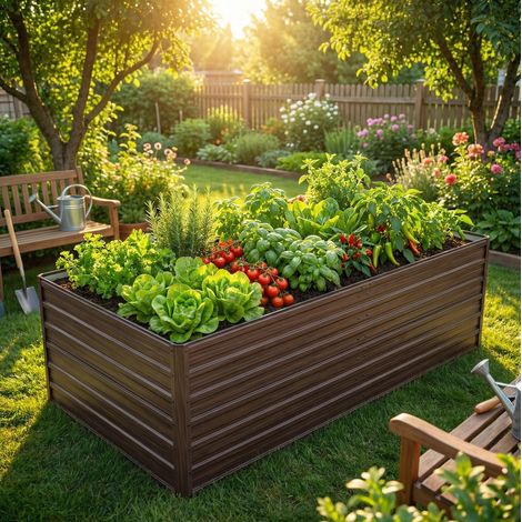 Jardinera elevada 219x112x64 cm color madera en metal con base abierta y barras de refuerzo (1/4)