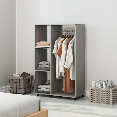 Armoire penderie meuble de rangement mobile 4 roulettes avec tringle à vêtements et étagères ouvertes, gris (1/5)