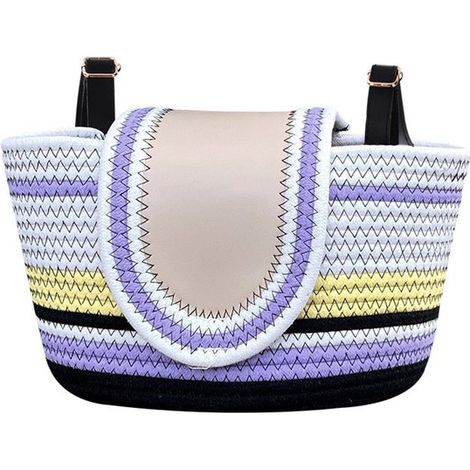 Cesta de bicicleta tejida estilo bohemio con tapa (lila, amarillo y blanco) – Elegante cesta universal para bicicleta con correas reforzadas.