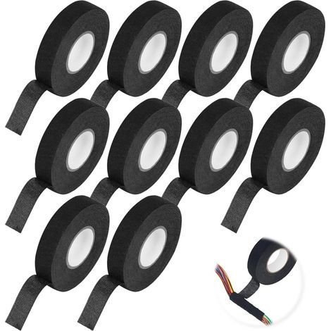 10 Stück schwarzes Textilklebeband 19 mm x 15 m, schwarzes Kabelklebeband, isolierendes Textilklebeband für Autos, hitzebeständig, alterungsbeständig, für Haushalt, Auto, Motorrad und Kabelbäume (1/5)