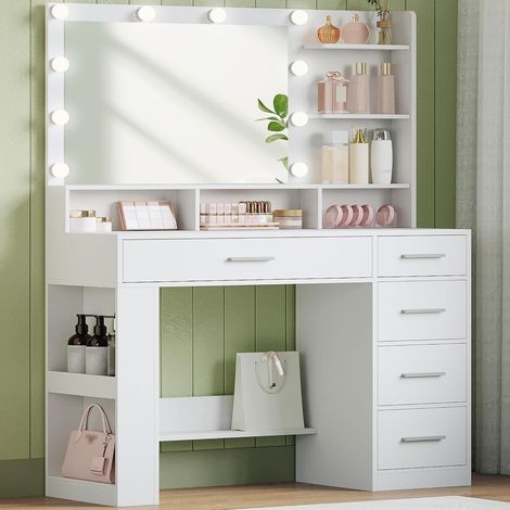 Coiffeuse enfant 108 cm avec miroir HD et éclairage LED – 6 compartiments ouverts, 5 tiroirs, rangement latéral – Finition blanche moderne