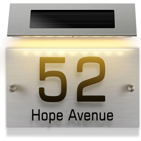 Letrero solar de dirección, número de casa solar para exteriores, letrero de dirección con iluminación LED para exteriores, tamaño pequeño, 4 LED de luz blanca (67 x 30) (1/5)