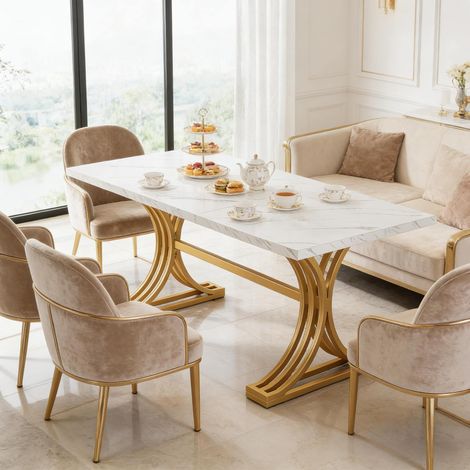 Tavolo da pranzo rettangolare 160 x 80 cm, effetto marmo bianco, gambe in metallo dorato (1/5)