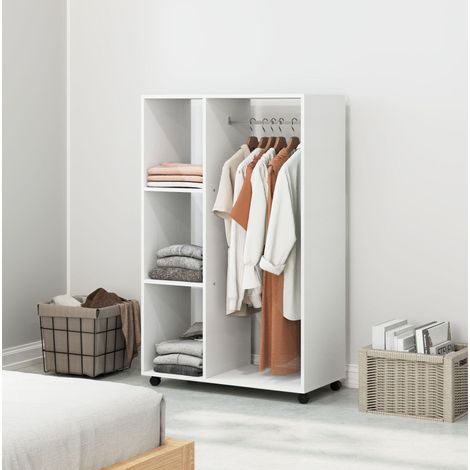 Armadio aperto 80x40x128 cm bianco in truciolato con ruote, 1 barra appendiabiti e 3 ripiani (1/5)