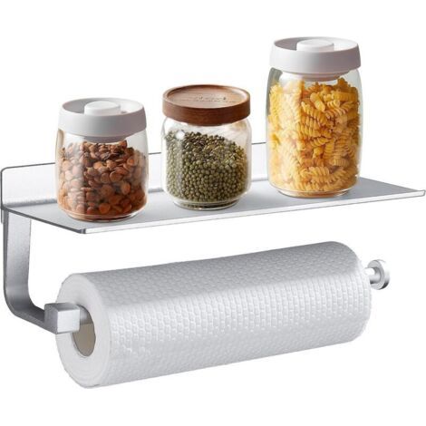 royaluxe-Porte-mouchoirs de cuisine auto-adhésif argenté 30cm avec étagère, sans perçage, acier inoxydable anti-rouille, accessoire de cuisine organisateur, 30×12,5×11cm (1/5)