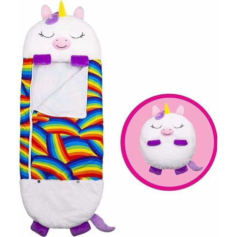 Sacco a pelo pieghevole con cuscino, 2 in 1, sacco a pelo anti-calci per bambini, design unicorno bianco