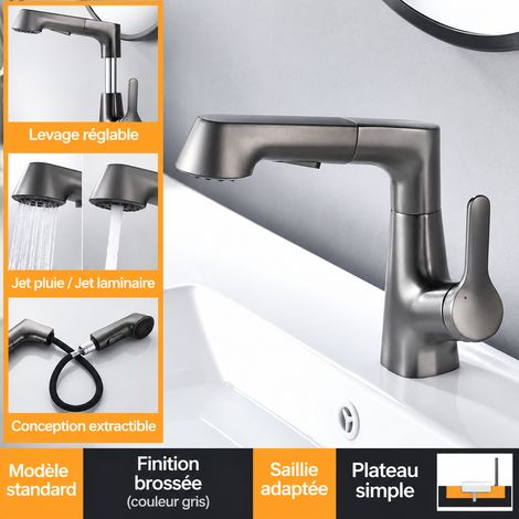 Robinet mitigeur de lavabo extractible et réglable en laiton gris pistolet gris réf 6300 19 × 28 × 28 cm 1,151 kg – Livraison gratuite