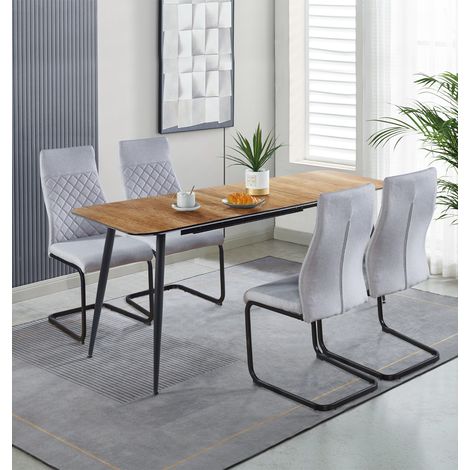 Hallowood Furniture Cullompton Large Dining Table Extendable with Chairs Set 4, Light Oak Effect Top Extending Table & Grey High Back Fabric Chairs, Home & Cafe Dining Room Set (120-180cm) (1/5)