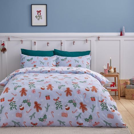Parure de lit réversible en Microfibre Douce avec Housse de Couette et taies d'oreiller Motif Pain d'épice Bleu King (1/5)