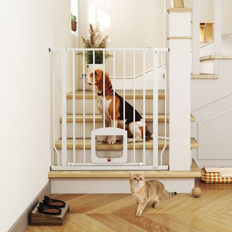 Cancelletto di sicurezza per cani con gattaiola, 75-85 cm, acciaio, bianco DESVIAE (1/5)