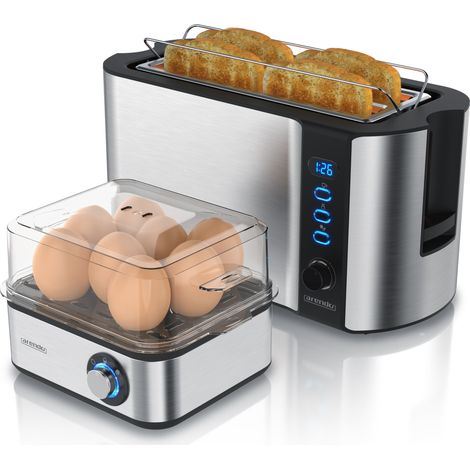 Arendo 2-teiliges Frühstücksset - 4-Scheiben Langschlitz Toaster, 8er Eierkocher, Silber (1/5)