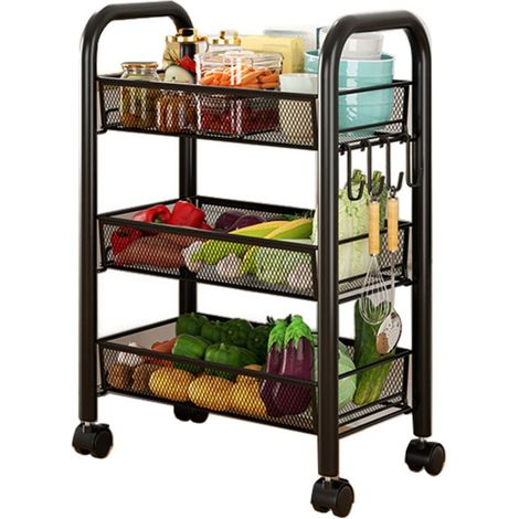 Carro de almacenamiento con ruedas, estantes de almacenamiento de varios niveles, cestas multifuncionales y móviles para verduras y aperitivos, estantes de cocina negros de tres niveles. (1/5)