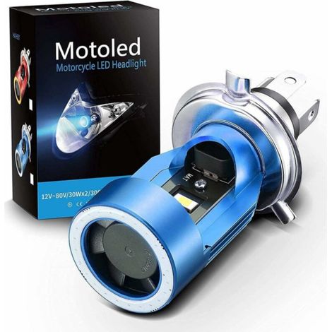 Ampoule H4 LED avec Yeux d'ange, Phare HS1 6400LM DC 12V pour Moto, Bleu, Pack de 1 (1/2)
