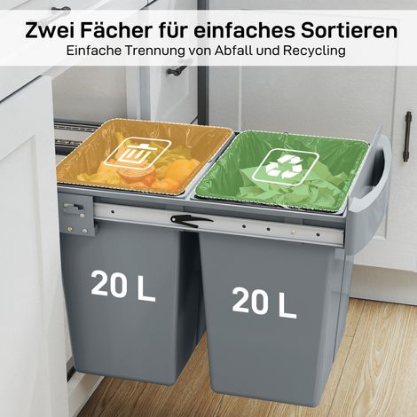 Kit de poubelle extensible 2 x 20 L, bacs amovibles, plastique et métal, gris (1/5)