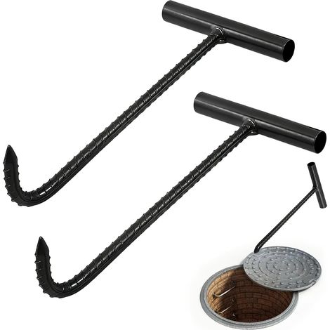 Lot de 2 leviers de couvercle de canalisation, crochets en acier de 30 cm, crochets de couvercle de regard en forme de T, crochets de déchargement et de tirage, crochets pour couvercle de regard (1/5)