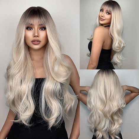 26 Zoll lange, blonde Ombré-Perücke für Damen mit Pony, langen, natürlichen Wellen, hitzebeständige Kunsthaarperücke (1/5)