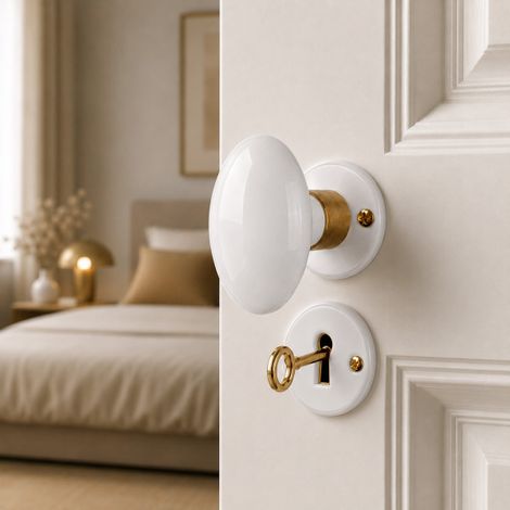 Ouvre&Déco - 2 poignées de porte OLIVE sur rosaces rondes – Porcelaine blanche et laiton poli doré – Entrée de clé chambre – Style classique chic (1/5)