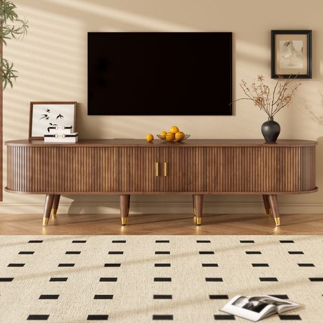 Meuble TV 175 cm finition noyer avec porte en rotin (1/5)